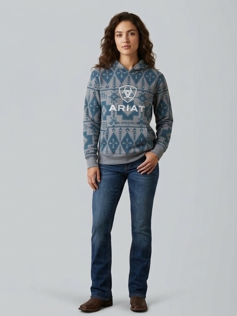 Ariat REAL Women's Southwestern Geometric Logo Hoodie Sweatshirt Grey Teal Small